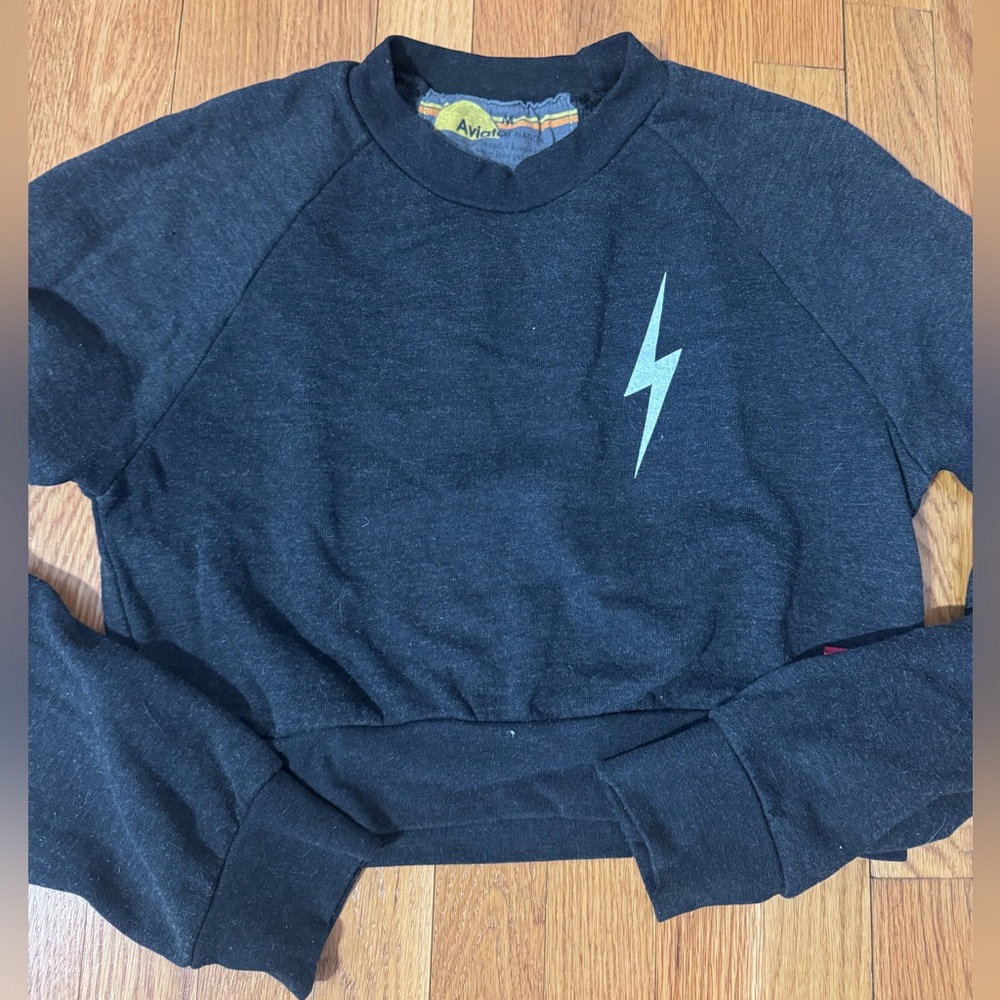Aviator Nation Cropped Charcoal Sweatshirt with white Lightning Bolt
